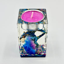 Load image into Gallery viewer, Purple and blue and gold Dragon standing on a crystal. Resin tea light candle holder.
