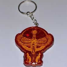 Load image into Gallery viewer, Goddess Isis with two cats keychain
